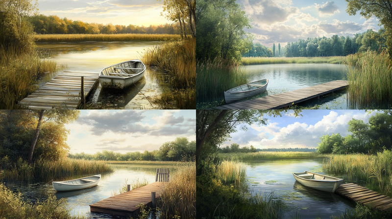 Fishing Pond Scene - Serene Rural Landscape Art for Creative Decor and Visual Storytelling