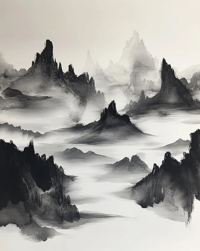 Dramatic Mountain Range Ink Art - Expressive Ink Painting for Creative Decor and Artistic Projects