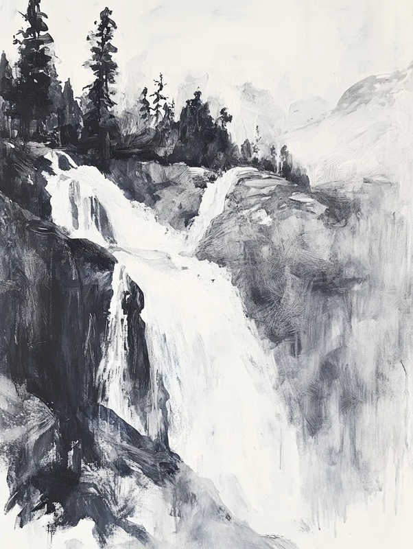 Flowing Waterfall Ink Painting - Elegant Traditional Ink Art for Serene Home & Office Decor