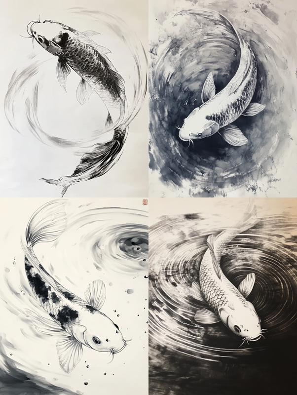 Swimming Koi Fish Ink Art - Graceful Asian Ink Painting for Artistic Home and Gallery Decor