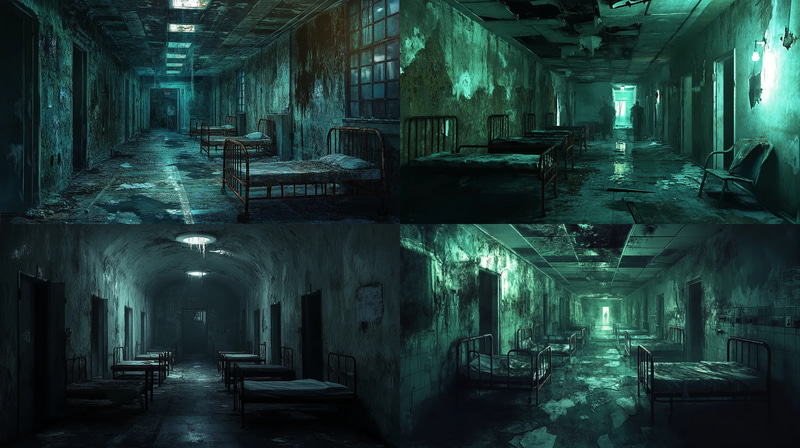 Crumbling Abandoned Asylum Scene - Dark Aesthetic Haunted Environment Art for Creative Horror Projects