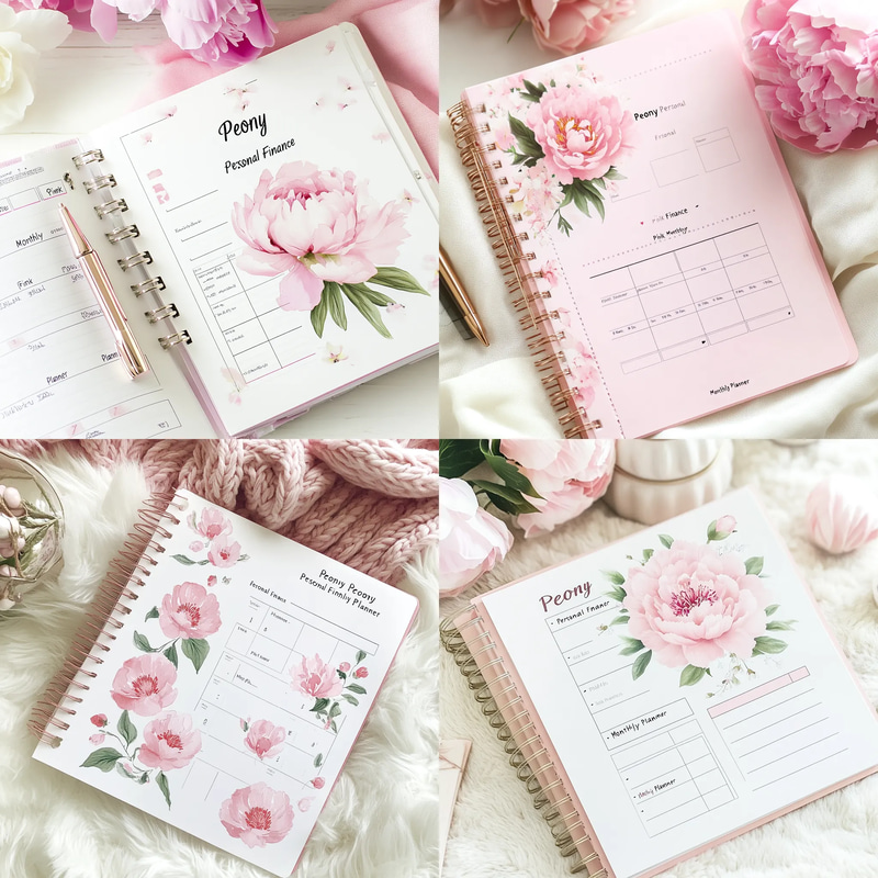 Peony Personal Finance Pink Monthly Planner - Elegant Financial Organizer for Efficient Budgeting and Wealth Tracking