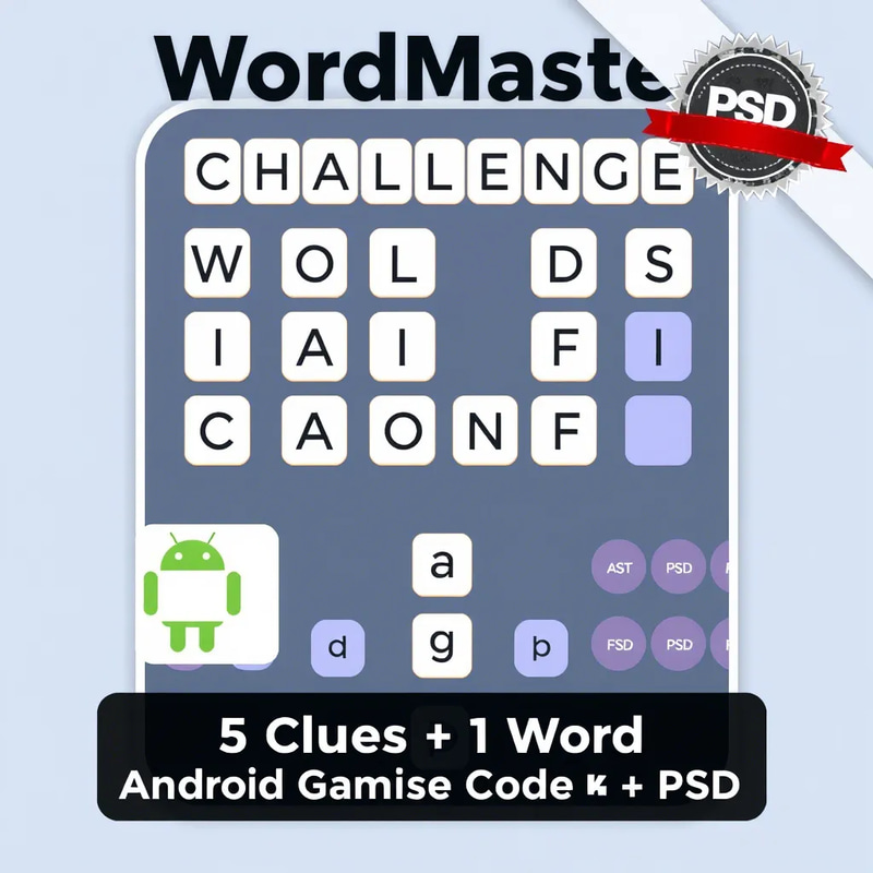 WordMaster Challenge - 5 Clues 1 Word Android Game Source Code with Editable PSD - Engaging Puzzle App for Developers and Creators