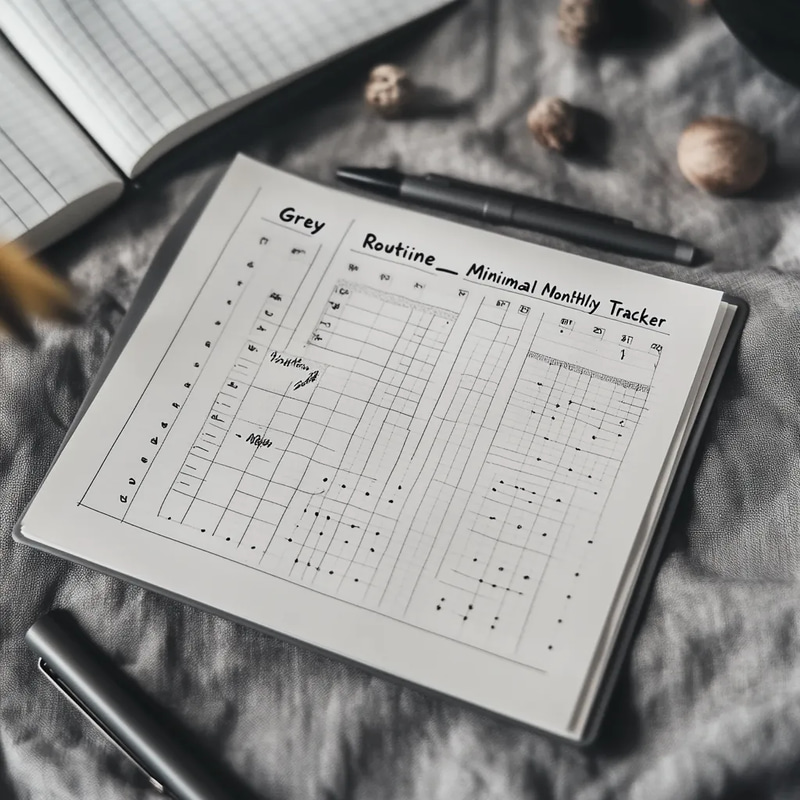 Grey Routine Minimal Monthly Tracker - Clean Self-Care Habit Planner for Mindful Productivity and Wellness