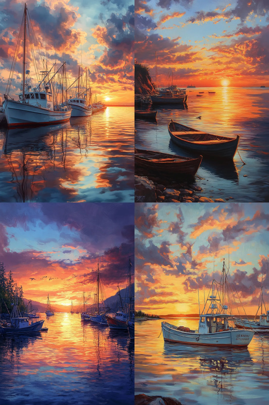 Sunset Harbor Scene - Serene Seascape Art for Tranquil Wall Decor and Creative Spaces
