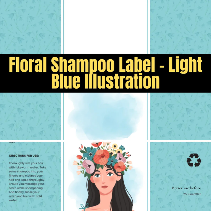 Floral Shampoo Label Light Blue Illustration - Elegant Packaging Template for Beauty Brands and Personal Care Products