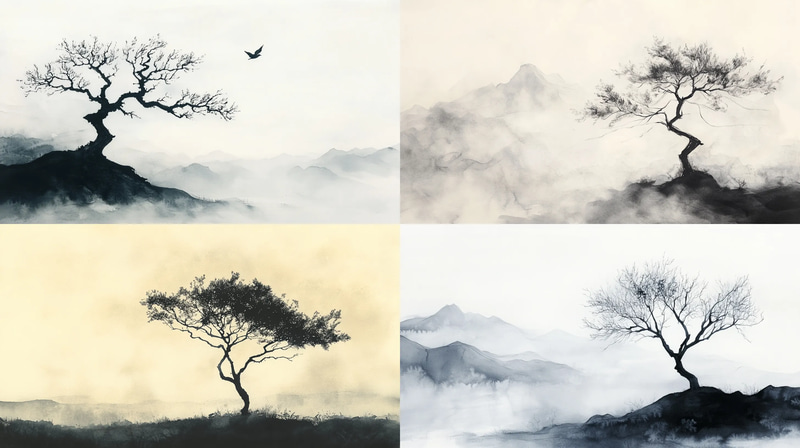 Solitary Tree Ink Composition - Elegant Ink Painting for Artistic Decor and Creative Projects