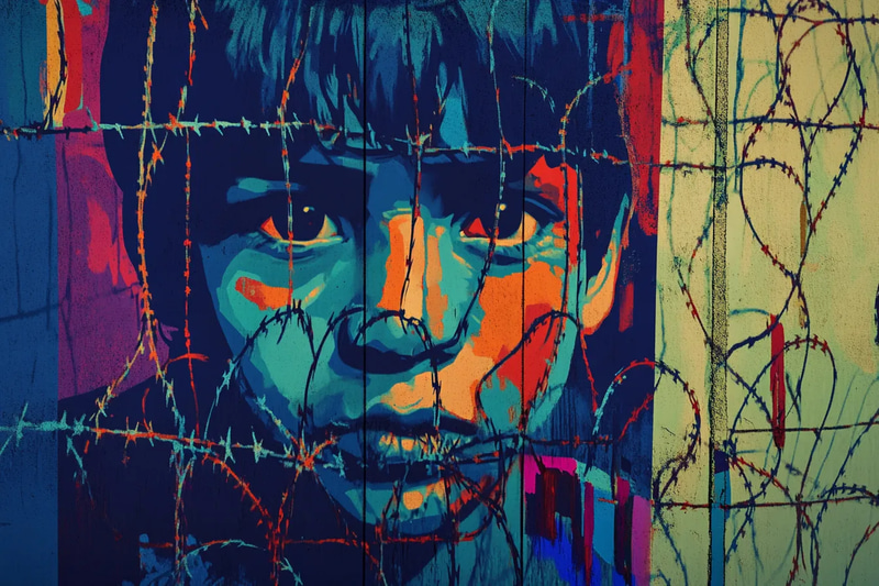 Child Behind Bars Mural - Impactful Political and Social Commentary Graffiti Art for Street and Urban Projects