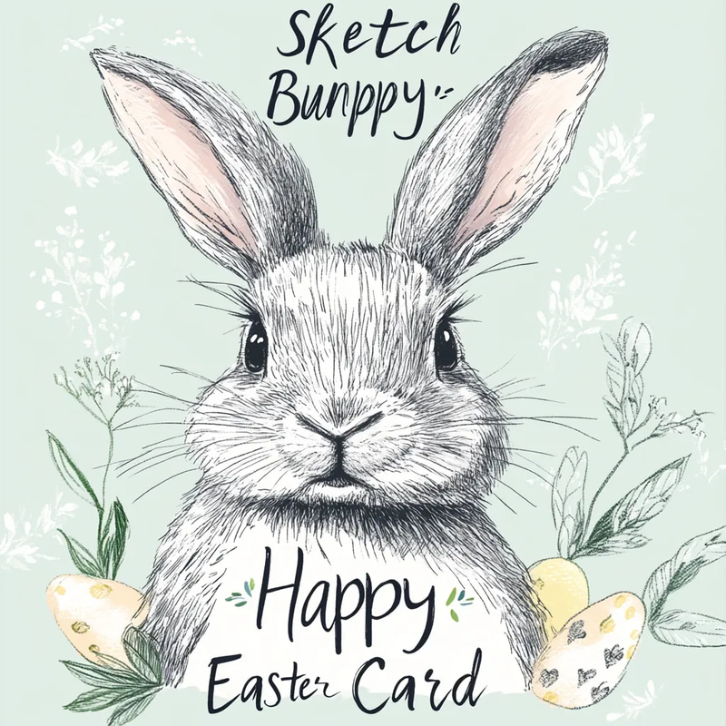 Sketch Bunny Happy Easter Card - Charming Hand-Drawn Easter Invitation for Festive Celebrations and Personal Greetings