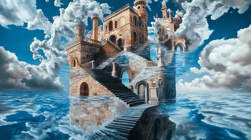 Floating Glass Castle Surrealist Art - Dreamlike Surrealist Painting for Artistic Inspiration and Creative Spaces