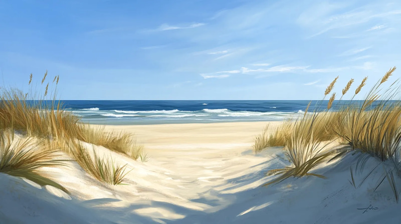 Sandy Beach with Dunes - Serene Seascape Landscape Art for Relaxing Spaces and Creative Projects