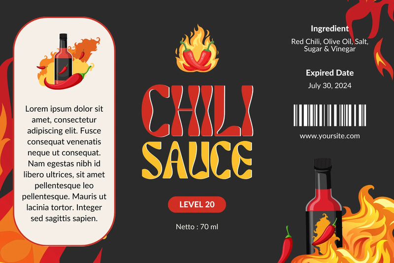 Chili Sauce Product Label - Red & Yellow - Vibrant Food & Drink Packaging Template for Commercial Branding