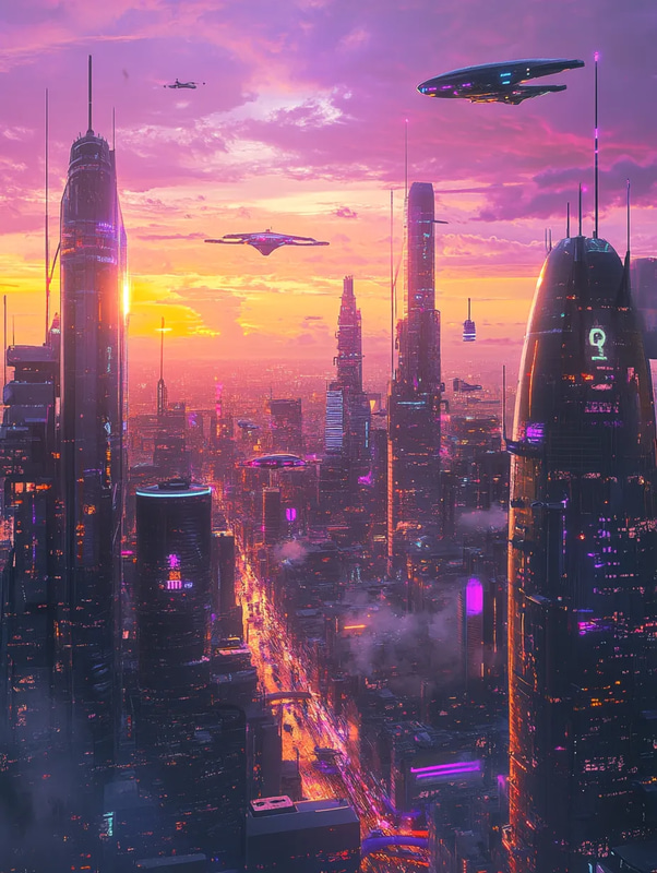 Futuristic Cityscape at Sunset - Vibrant Sci-Fi Illustration for Visionary Creators and Digital Art Projects