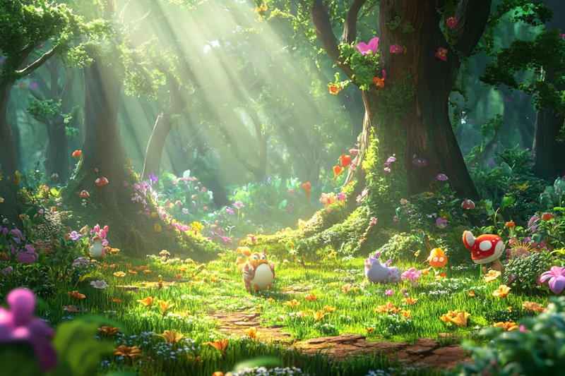 Giggle Grove Animated Forest Scene - Whimsical Cartoon Fantasy Art for Creative Storytelling and Games