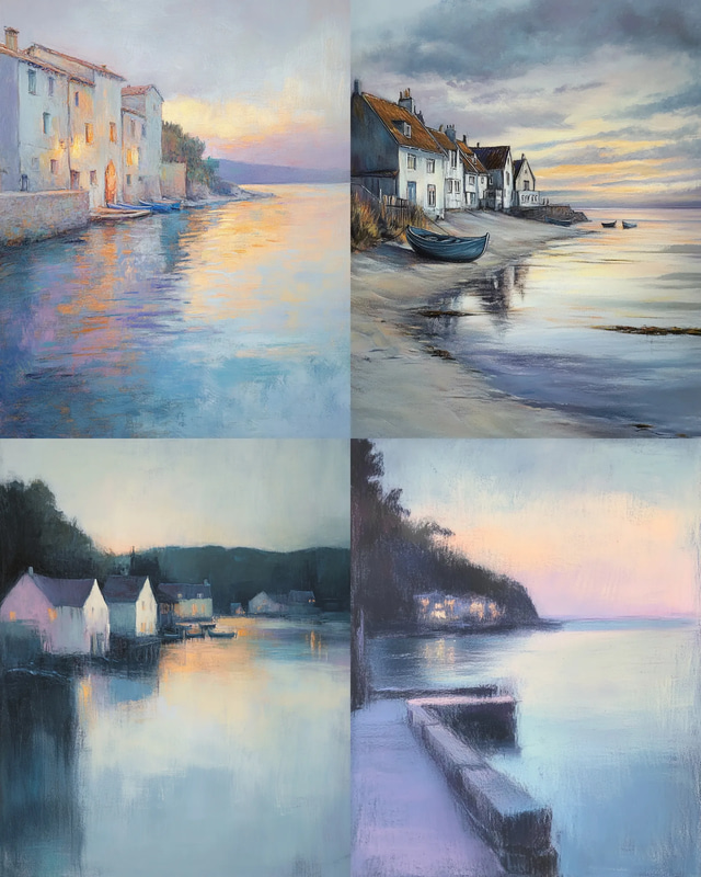 Seaside Village at Dusk Pastel - Serene Pastel Painting for Timeless Artistic Expression and Home Decor