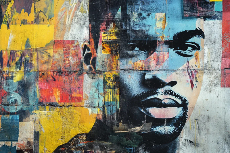 Man Collage Portrait with Street Art Elements - Urban Mixed Media Portrait Art for Contemporary Creatives and Visual Storytellers