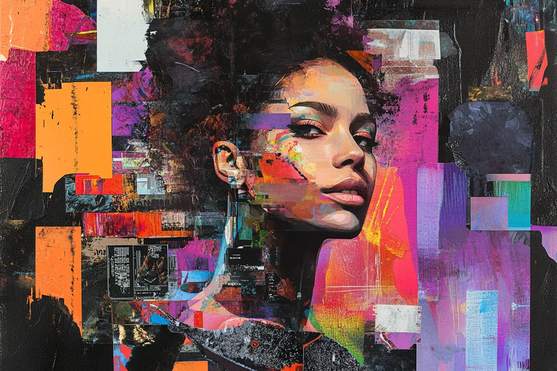 Woman Collage Portrait with Metallic Elements - Contemporary Mixed-Media Portrait Art for Creative Decor and Visual Storytelling