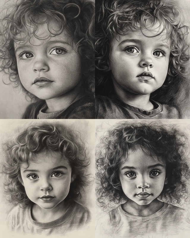 Curly-Haired Child Charcoal Portrait - Expressive Charcoal and Pencil Portrait Art for Emotional Storytelling and Fine Art Collections