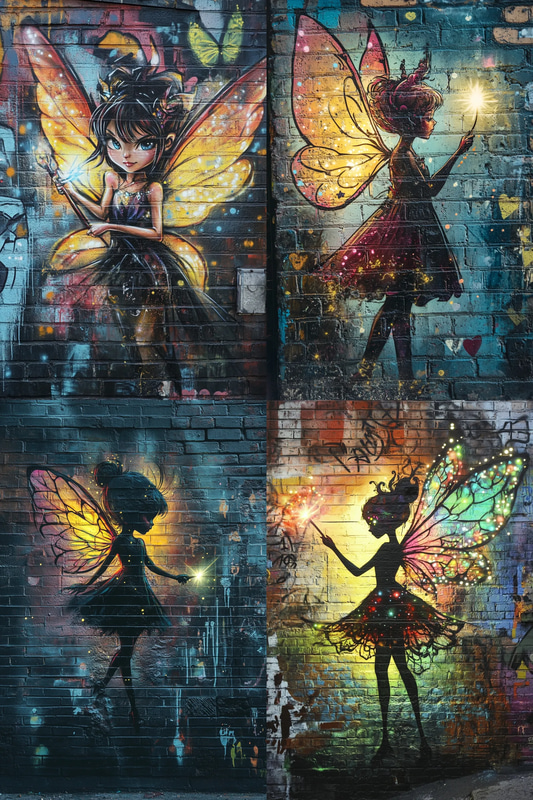 Whimsical Glowing Fairy Graffiti - Vibrant Street Art Character Design for Urban Creatives and Mural Projects