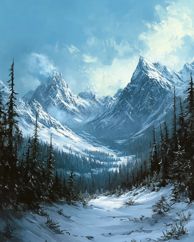 Snow-Capped Majesty - Serene Winter Landscape Art for Tranquil Spaces and Seasonal Decor