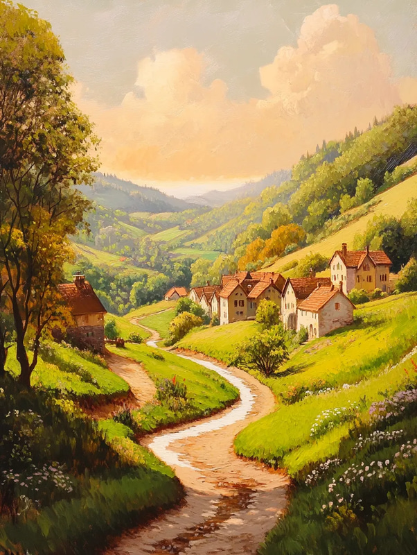 Village Nest Painting - Serene Landscape Art for Creative Spaces and Personal Inspiration