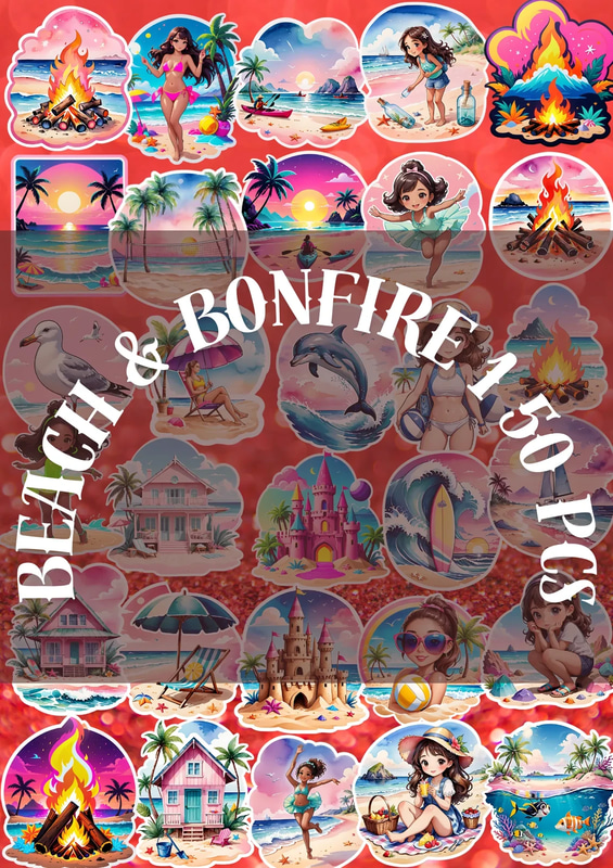 50 Beach Nights Bonfire Sticker Pack - Vibrant Travel & Adventure Stickers for Digital Creators and Personal Projects