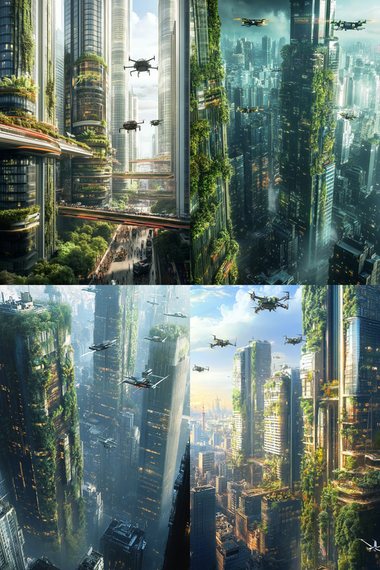 Bustling Urban Center with Monorails - Futuristic Sci-Fi Cityscape Art for Creative and Commercial Use