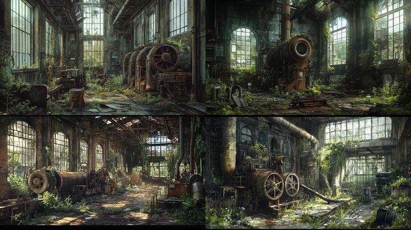 Crumbling Factory with Rusted Machinery - Post-Apocalyptic Sci-Fi Art for Immersive Visual Projects