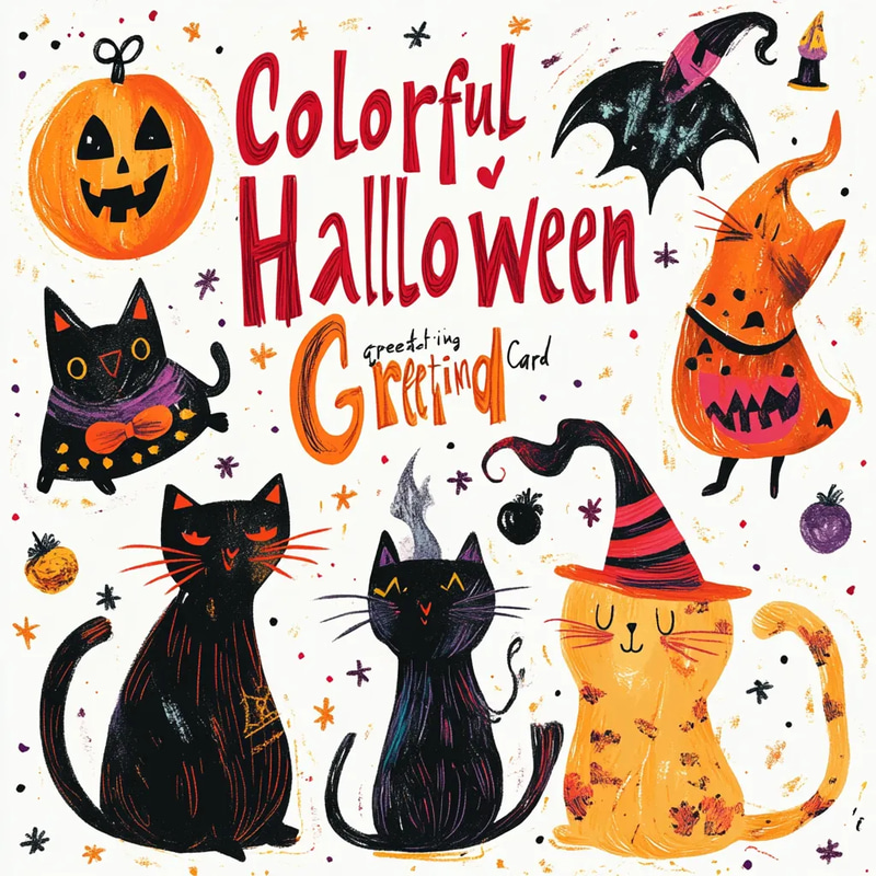 Colorful Illustrated Happy Halloween Greeting Card - Vibrant Festive Invitation for Seasonal Celebrations and Personal Use