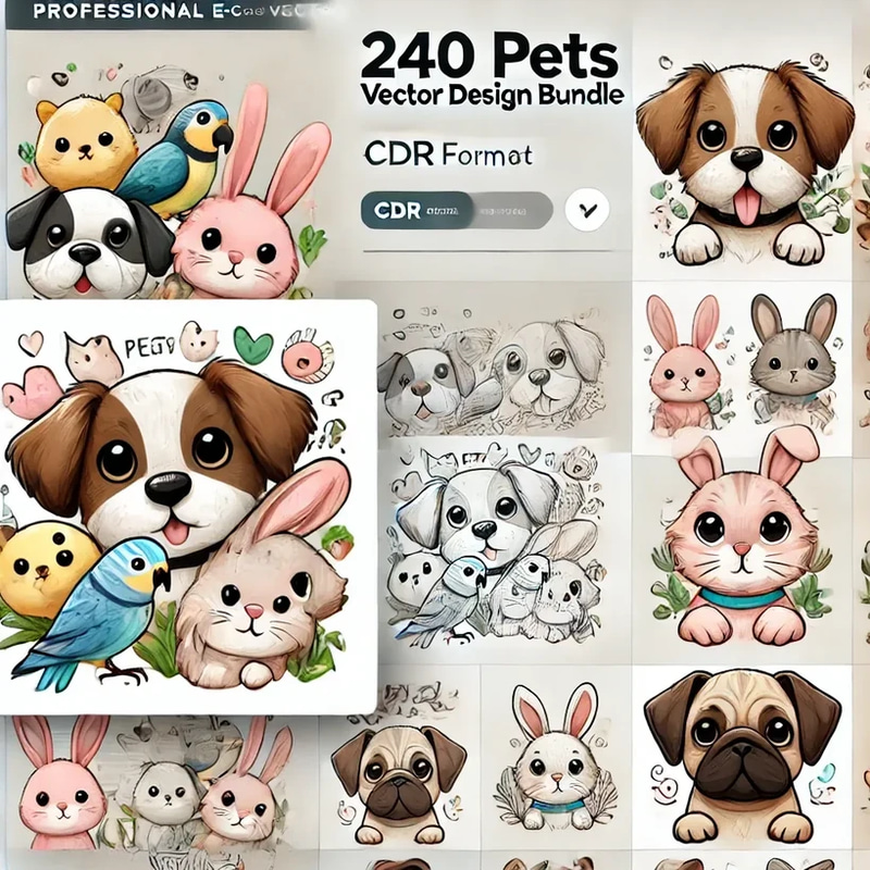 240 Pets Vector Design Bundle - CDR Format - Versatile Animal Illustrations for Designers and Creators