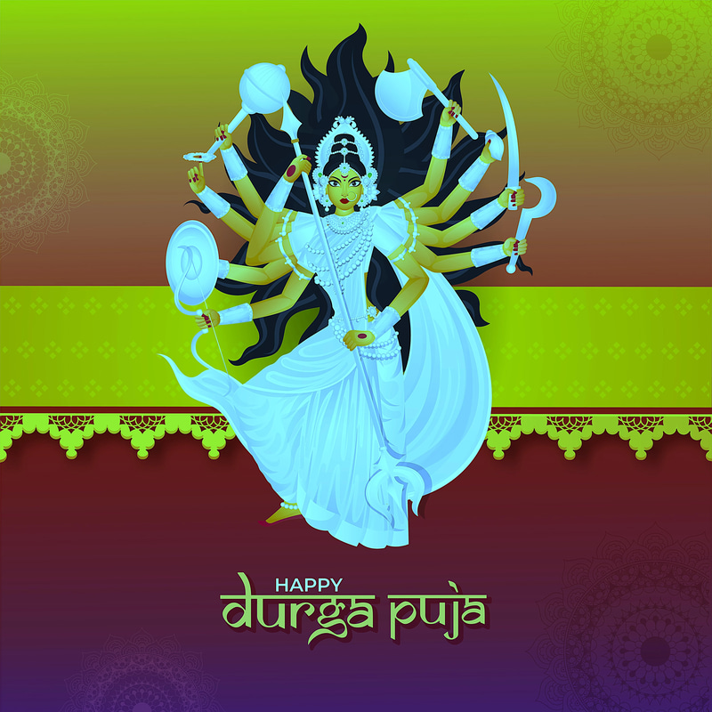 Durga Puja Poster - Festive Greeting with Goddess Illustration - Vibrant Celebratory Art for Cultural Events and Spiritual Decor