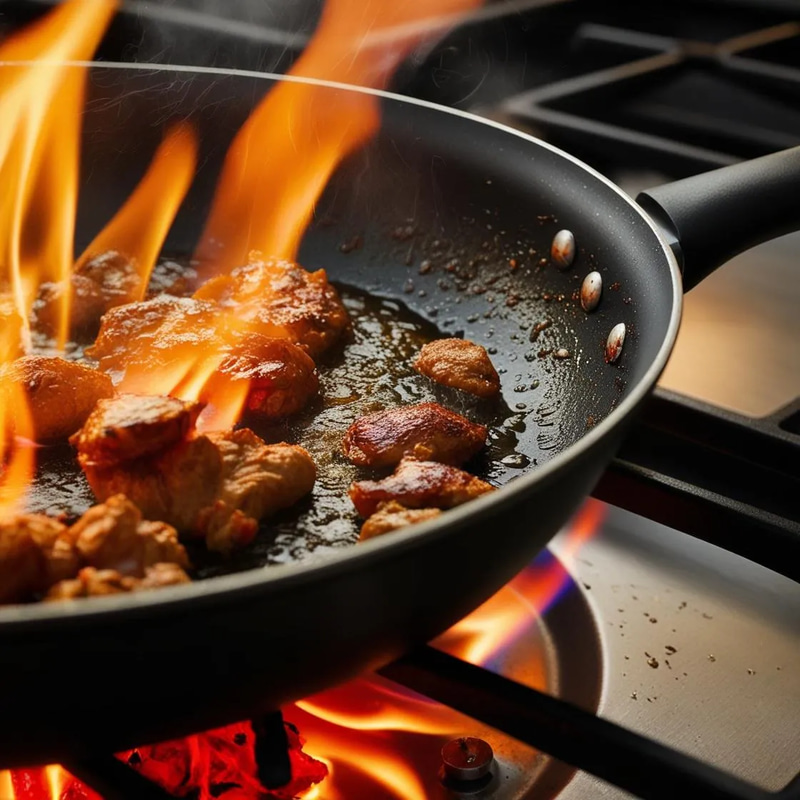 Pan on Fire Dramatic Sizzle Cooking Shot - Cinematic Stock Video for Food Creators and Commercial Use