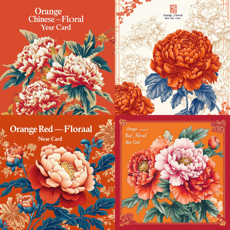 Orange Red Floral Chinese New Year Card - Elegant Festive Invitation for Holiday Celebrations and Seasonal Greetings