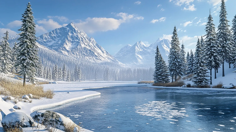 Winter's Hush Frozen Lake Tranquility - Digital Realistic Landscape Art for Serene Environmental Design and Creative Projects
