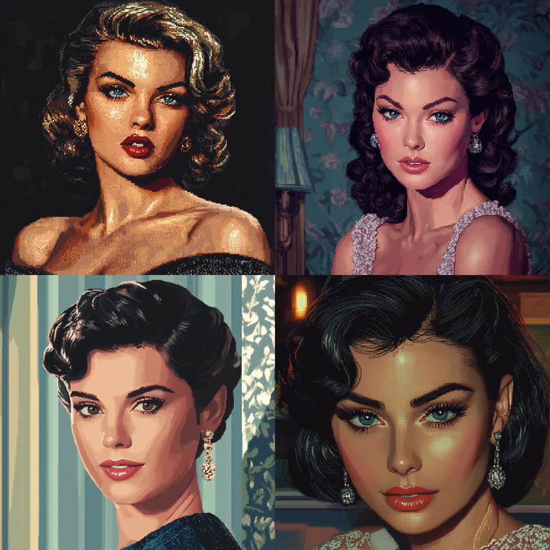 Glamorous Hollywood Pixel Portrait - Vibrant Pixel Art Portraits for Creative Digital Projects and Nostalgic Visuals