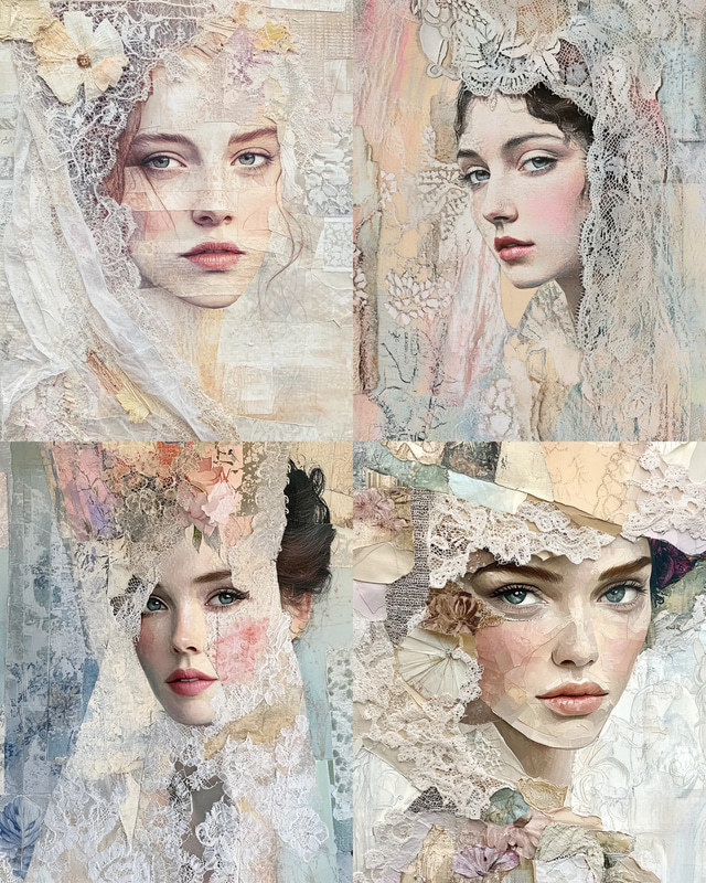 Woman Collage Portrait with Fabric & Lace - Artistic Mixed Media Portraits for Creative Visual Projects and Personal Expression