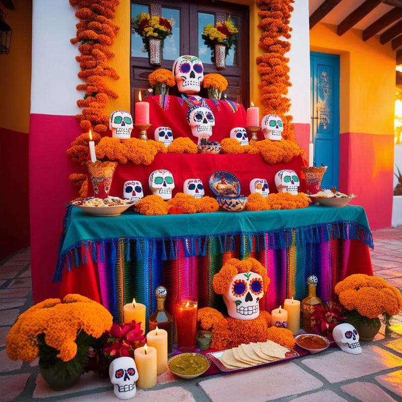 Day of the Dead Altar with Candles - Cinematic Stock Video Celebrating Cultural Traditions and Festive Atmosphere