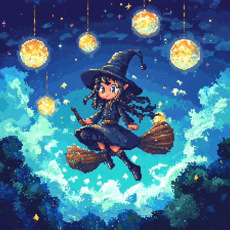 Cute Witch Pixel Character with Broom - Charming Pixel Art Sprite for Game Developers and Digital Creators