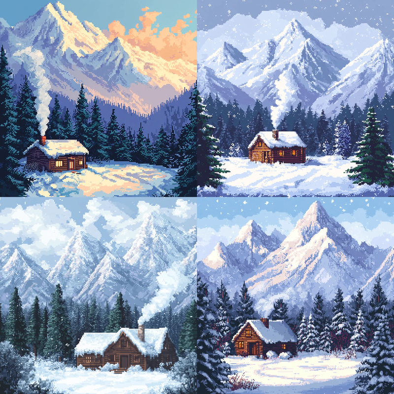 Snowy Mountains & Cabin Pixel Scene - Vibrant Pixel Art Landscape for Game Design and Creative Projects
