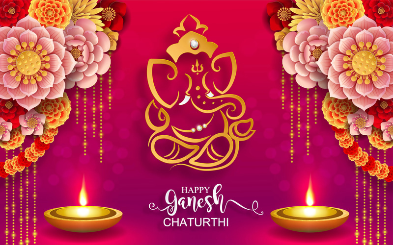 Ganesh Chaturthi - Golden Ganesha with Crystal - Elegant Festive Clipart for Celebrations and Cultural Events