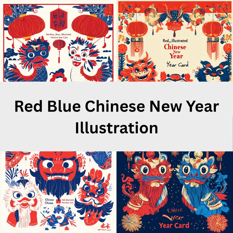 Red Blue Chinese New Year Illustration - Festive Holiday Card Art for Seasonal Greetings and Celebrations