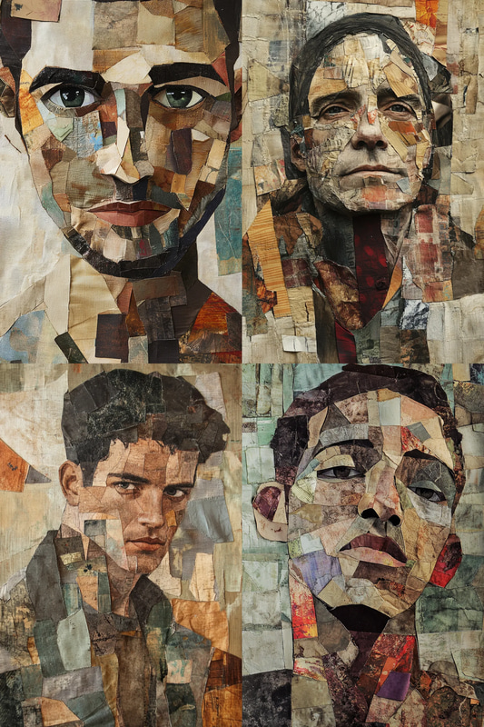 Man Collage Portrait with Earthy Fabric Scraps - Artistic Earth-Toned Portrait Collage for Creative and Personal Expression