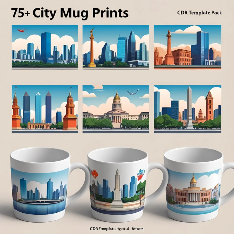 75+ City Mug Prints - CDR Template Pack - Versatile Urban Mug Designs for Personal & Commercial Branding