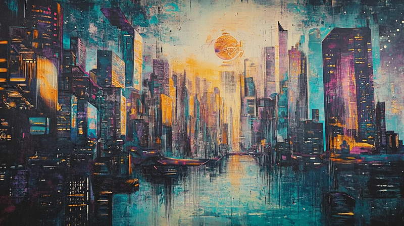 Futuristic Cityscape Mural - Immersive Urban Graffiti Art for Creative Spaces and Visual Storytelling