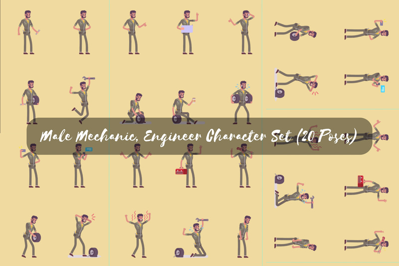 Mechanic Engineer Character Set 20 Poses - Versatile Infographic Figures for Technical Presentations and Creative Projects