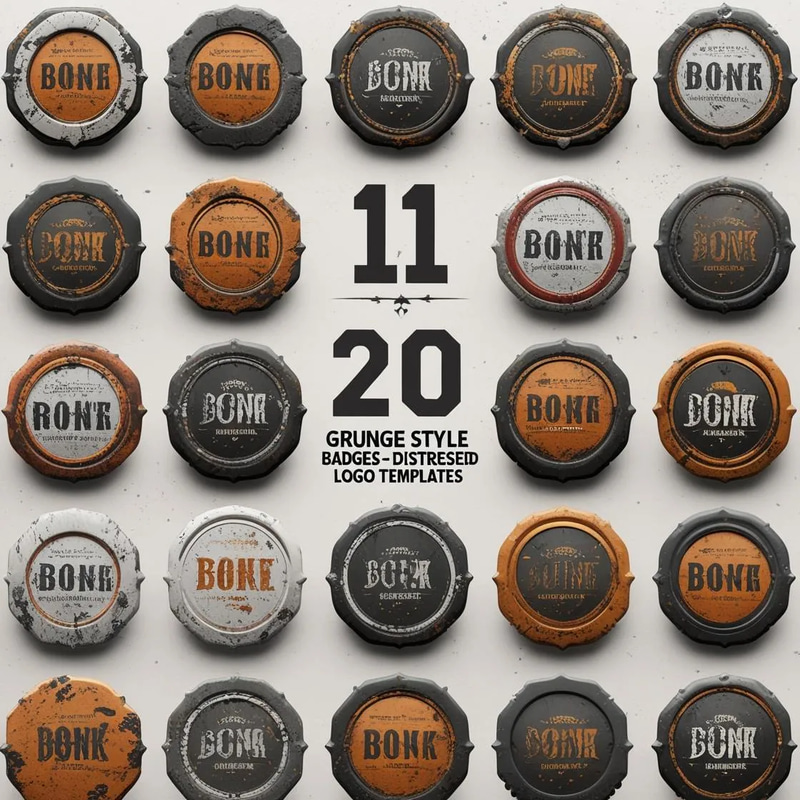 20 Grunge Style Badges - Distressed Logo Templates - Edgy Branding Assets for Bold Business Identities