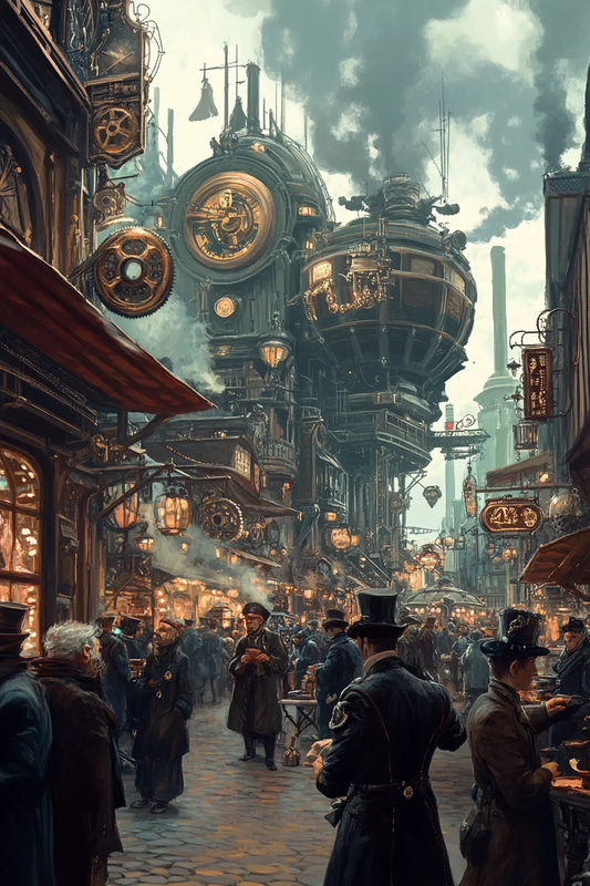Babbage Bazaar Gadgeteer's Trading Post - Steampunk Fantasy Art for Immersive Creative Projects
