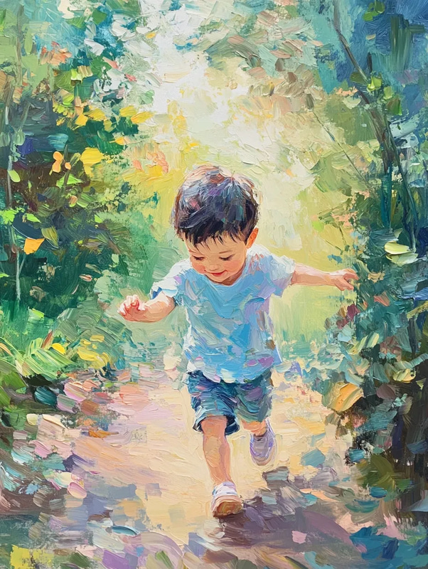 Child Playing Outdoors Portrait - Timeless Hand-Painted Canvas Art Capturing Childhood Joy and Natural Beauty