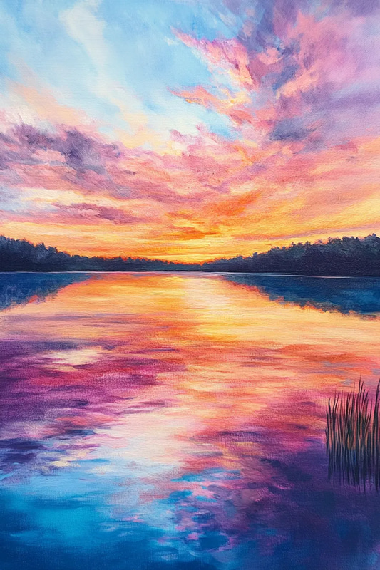Calm Lake Sunset Acrylic Painting - Serene Landscape Art for Home Decor and Creative Inspiration