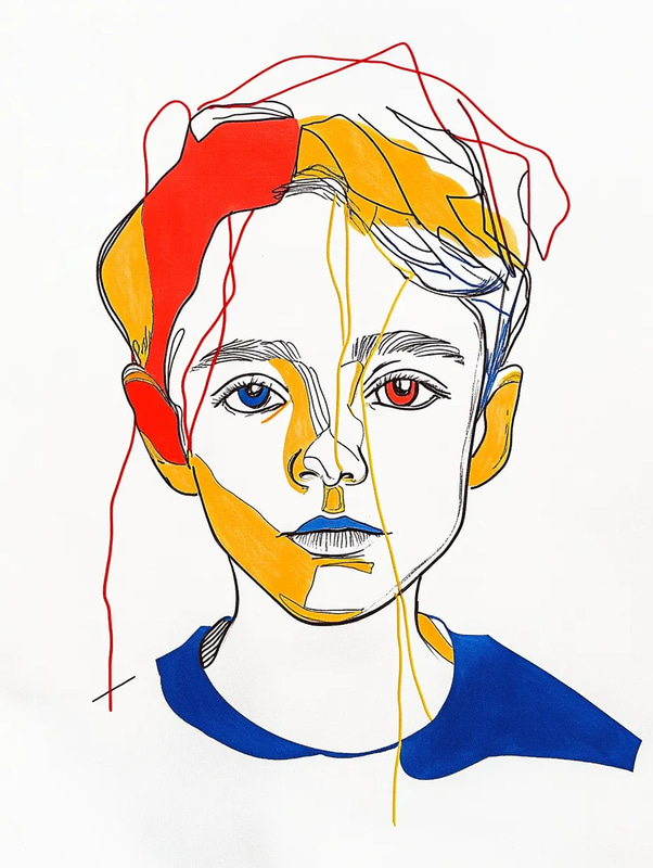 Bold Primary Color Minimalist Portrait of a Young Boy - Vibrant Minimalist Portrait Art for Modern Spaces and Creative Projects